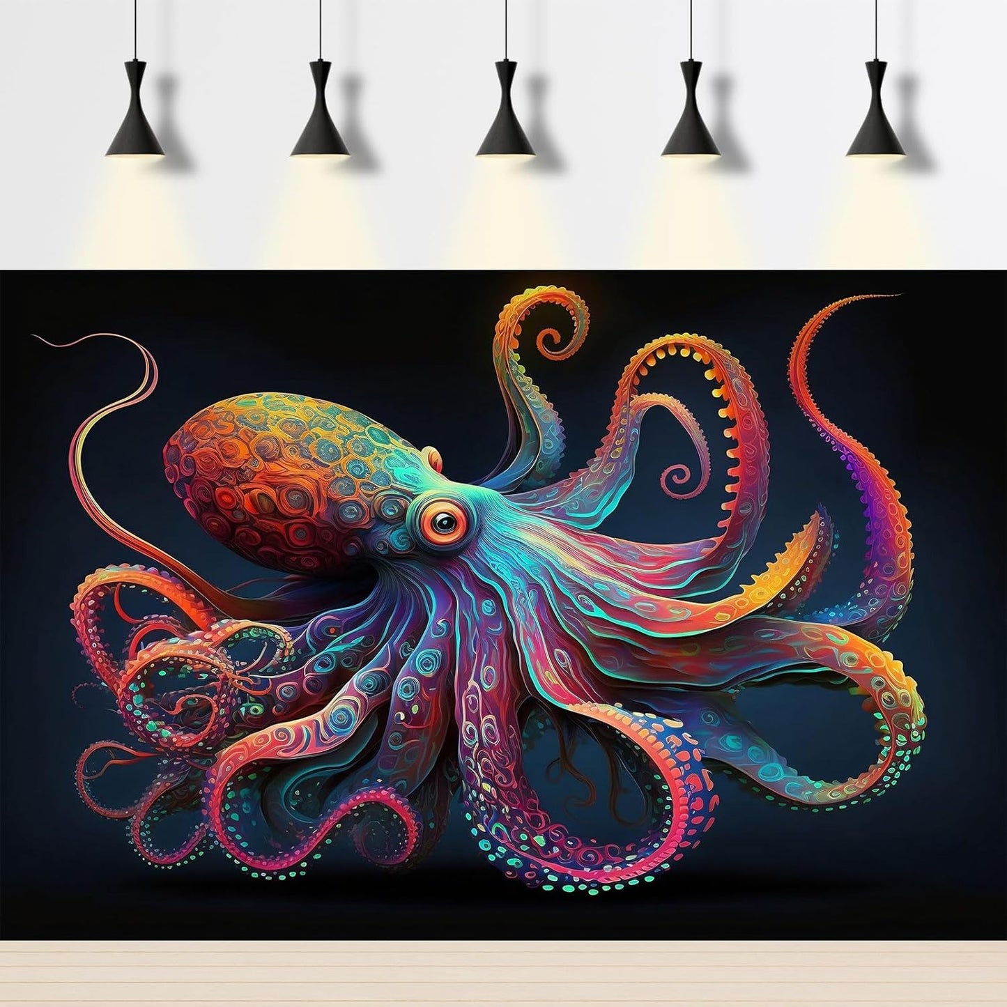 Exquisite Octopus Aquarium Background Abstract Colorful Octopus Terrarium Background Glowing Octopus on Black Background Fish Tank Backdrop Octopus Backdrops Poster Wallpaper Decors Vinyl 72x18in