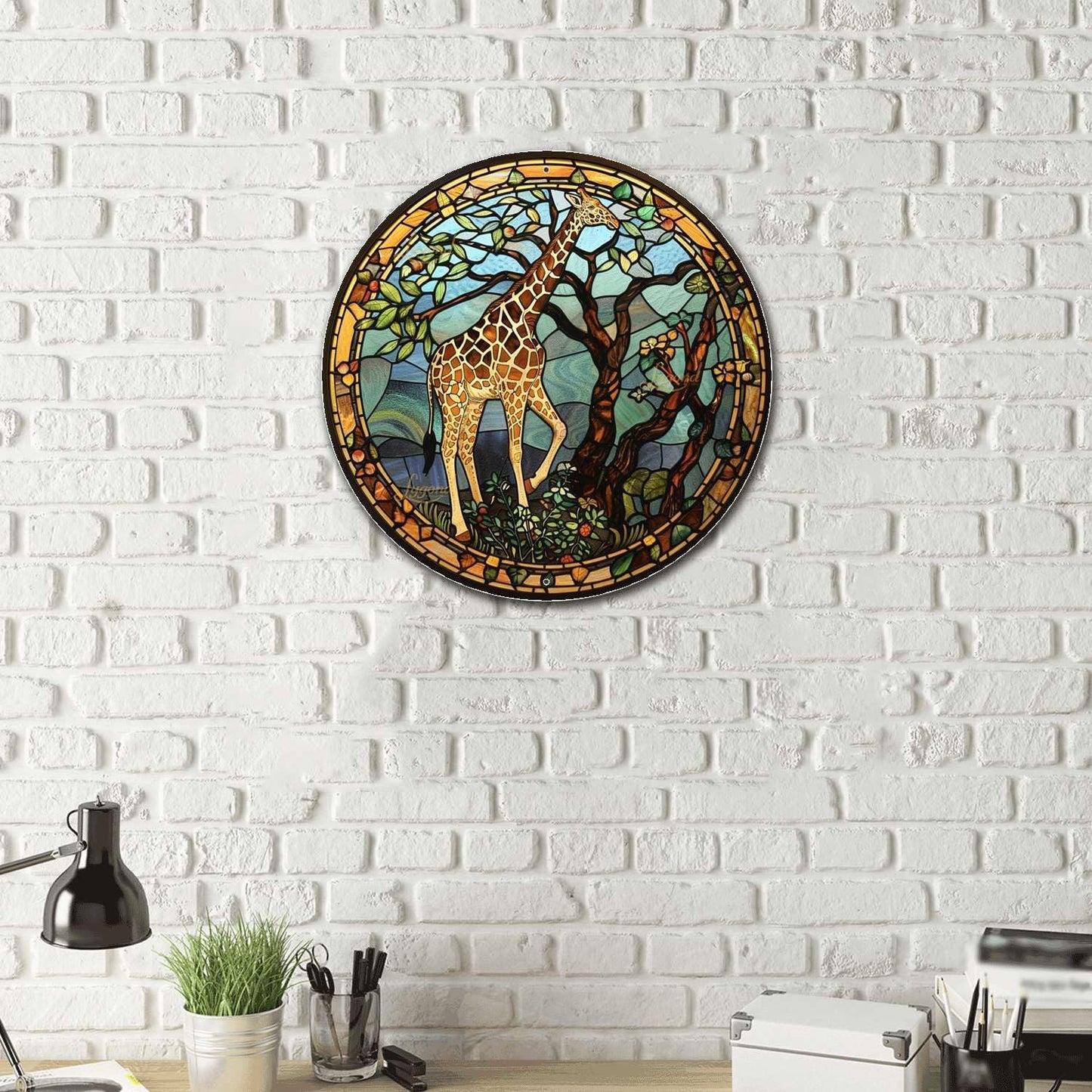 Lygond Metal Sign Tin Sign Circular Stained Glass Giraffe Bathroom Signs for Home for Garage 8×8 Inches