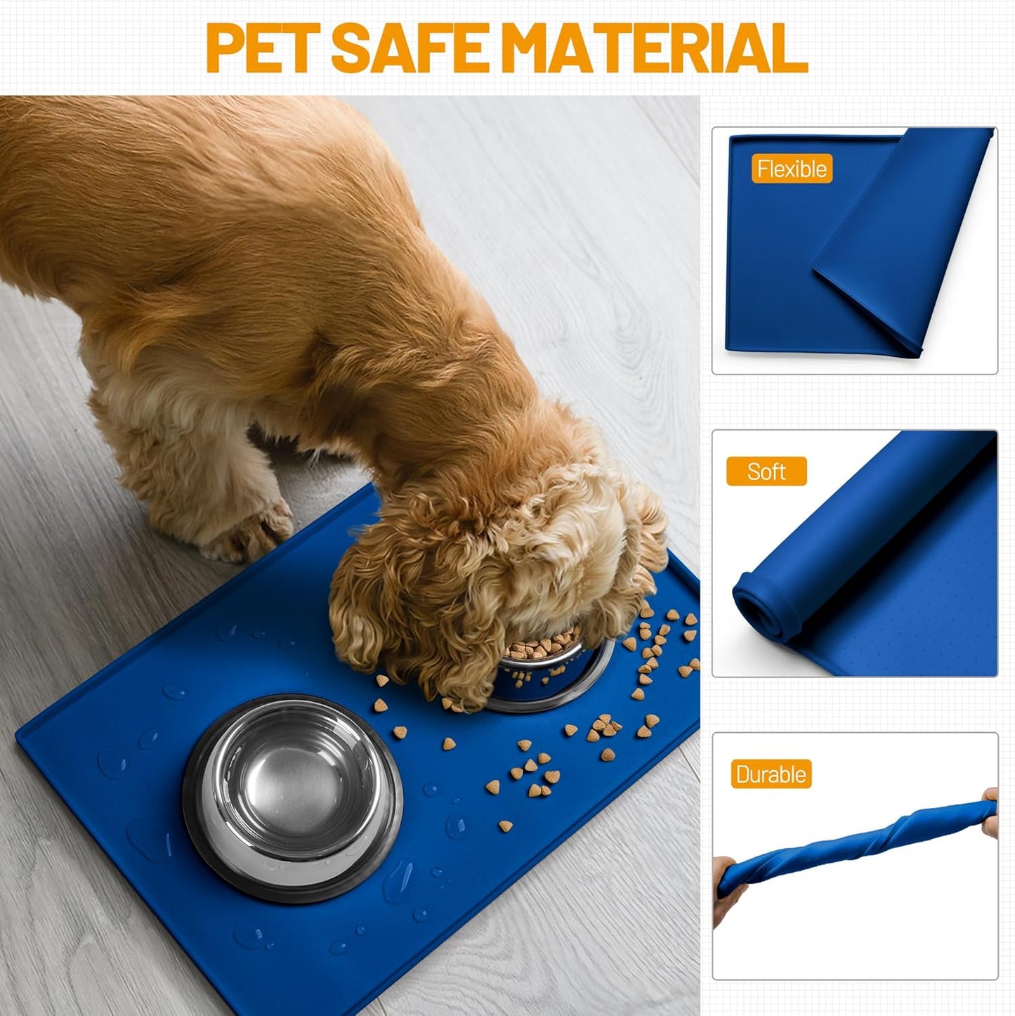 Hubulk Dog Feeding Mat,100% Waterproof Food Grade Silicone Pet Food and Water Bowl Placemat,Dishwasher, High Raised Edge to Prevent Spills,Nonslip Tray to Stop Messes on Floor (24"x16"x0.5", Navy)