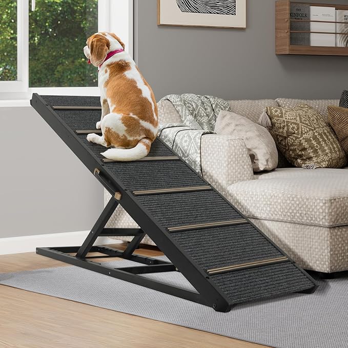 Pet Ramp Folding Portable Wooden Dog & Cat Ramps for Couch or Bed, Including Non Slip Mat & Safety Side Rails, 64.2 Inch Long and Height Adjustable from 13.4 Inch to 38 Inch Up to 110 Lbs