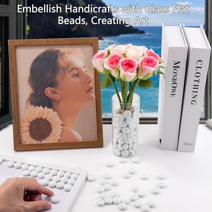White Glass Marbles, 0.97 LB Flat Glass Beads for Vases, Mosaic Gem Pebbles for Aquarium Decor, Floral Arrangements Vase Filler Smooth Mancala Stones and Crafts Approx. 80-100PCS