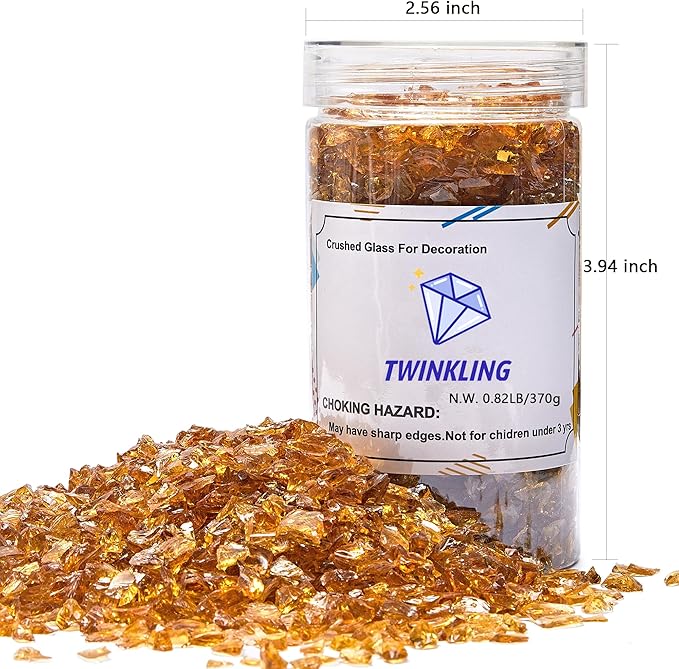 TWINKLING High Luster Crushed Glass Glitter, Broken Glass, Fire Glass Gems Chips for Fire Pit, DIY Resin Art, Epoxy Crafts, Geode Painting, Aquarium Decoration, 6-9mm(370g/13oz.) (Dark Amber)