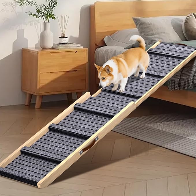 Dog Ramp for Car, 71''x 17'' Extra Long Deluxe Telescoping Design Wooden Pet Ramp, Pet Stair Ramps for Truck SUV with Non-Slip Surface, Portable Outdoor Dog Steps for Medium Large Dogs, Up to 250LBS