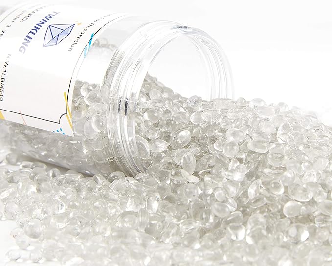TWINKLING High Luster Round Fire Glass Stones, Marbles, Pebbles, Beads Gems for Fire Pit Vase Fillers Crafts Aquarium Garden Decoration, 3-6mm, 1-Pound Jar (Crystal)