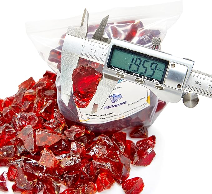 TWINKLING High Luster Fire Glass Gravel Stone,Broken Glass,Fire Pit Glass,Crushed Glass for Fireplace Pit Aquarium Garden Decoration,1-3cm,2-Pound Jar (Red)