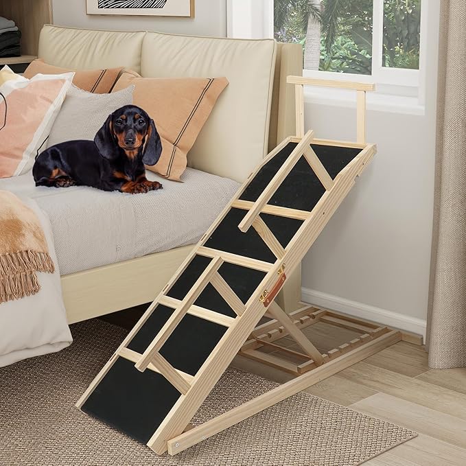 Dog Ramp for Bed PANTAZO Adjustable Ramps for Small Dogs to Get on Bed, Up to 28.5 Inches, 48'' Long,120lbs with Anti-Slip Grip & Safety Rail