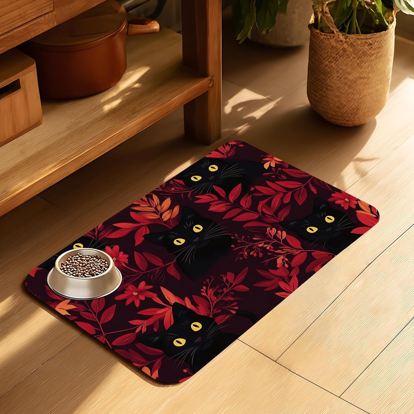 Black Cat Forest Pet Feeding Mat-Quick Dry Absorbent Dog Cat Food Mat, Anti-Slip Water Bowl Mats for Messy Eaters-No Stains Indoor Pet Accessories 12"x20"