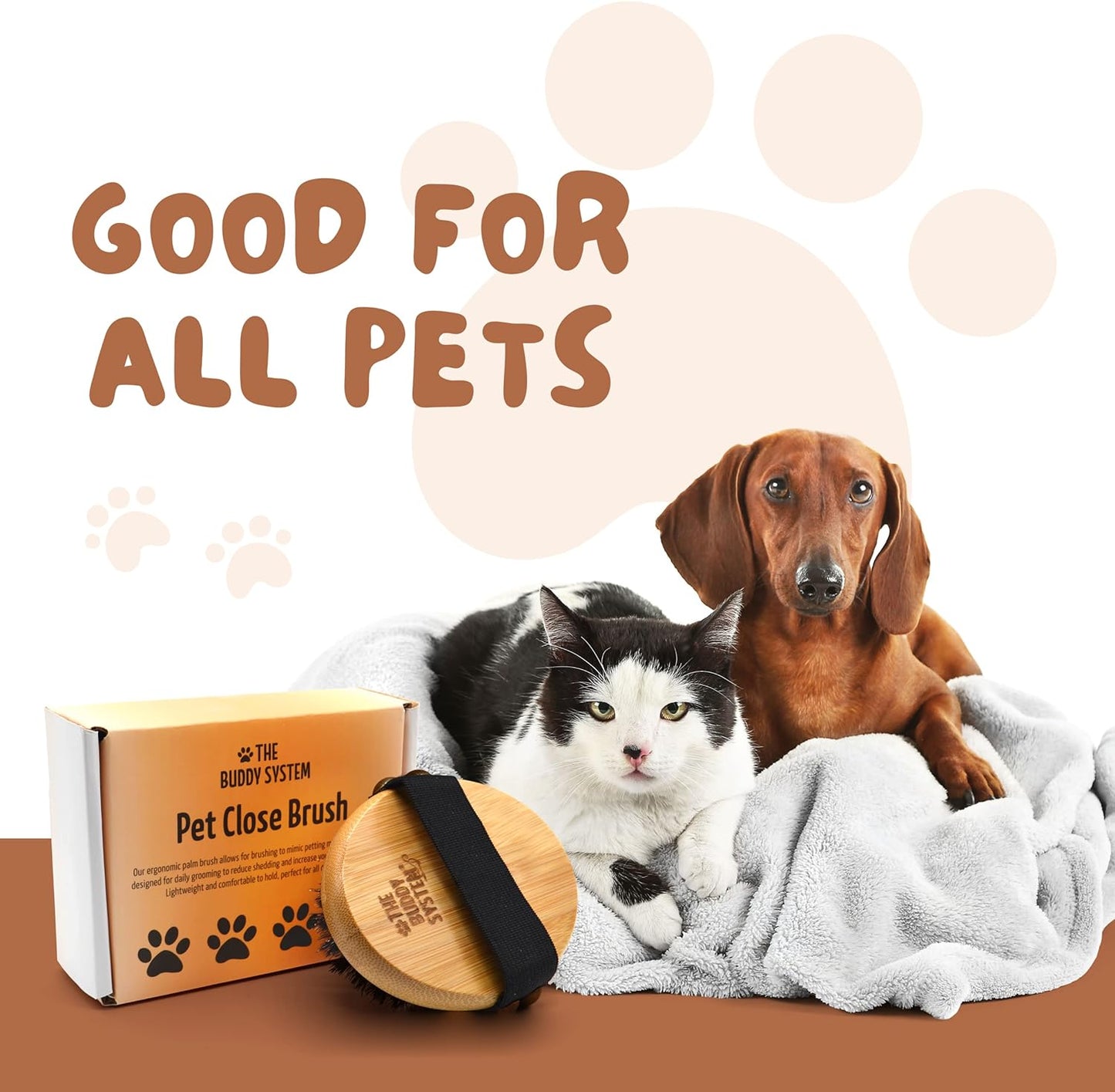 The Buddy System Pet Close Brush, Soft Touch Oval Palm Brush - Bamboo Massage Handheld with Soft Boar Bristles and Elastic Band for Dogs and Cats