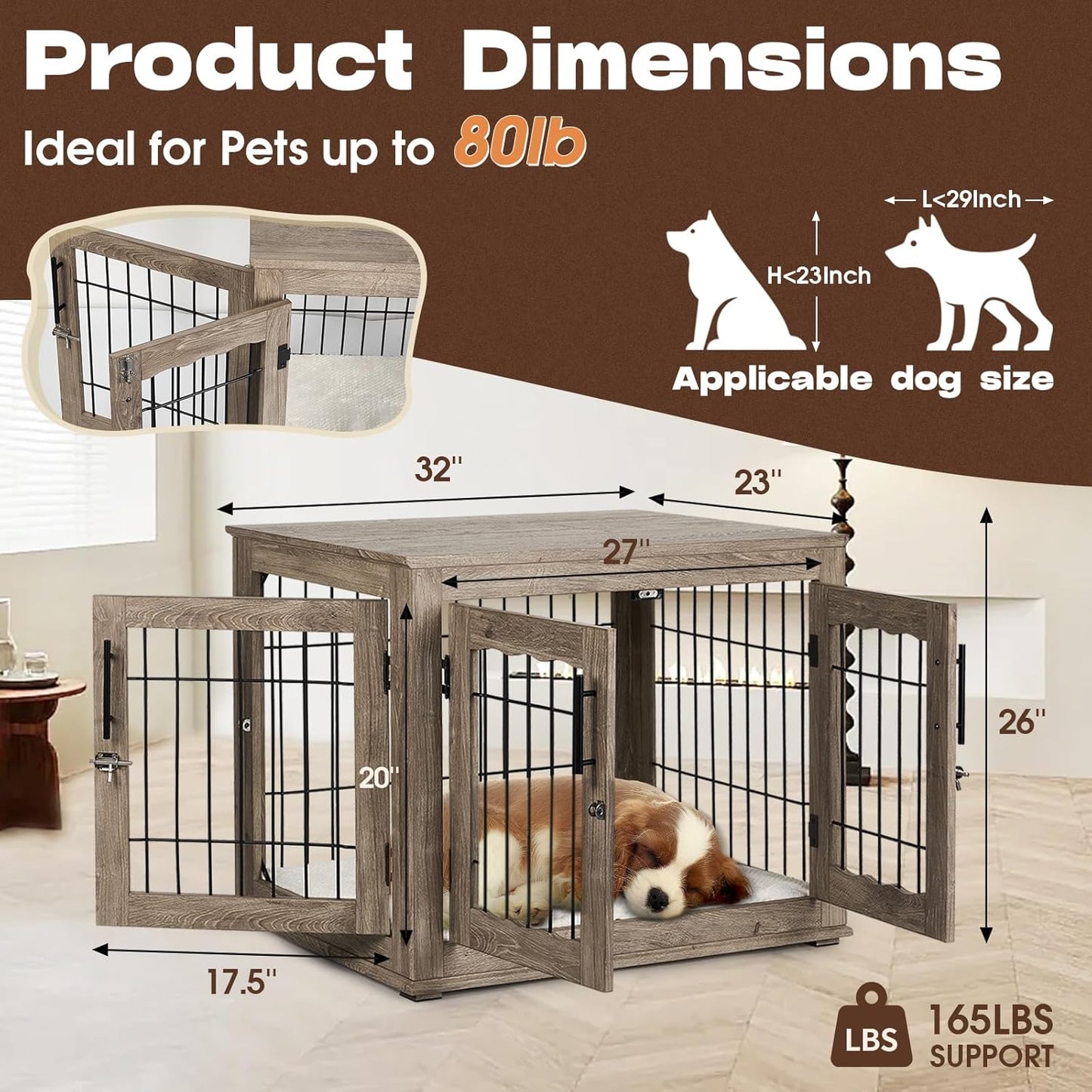 Dog Crate Furniture with Cushion, 32 inch Wooden Kennel Table with Double Doors, Indoor Dog House End Table for Small/Medium Dog, Grey (32x23x26in)