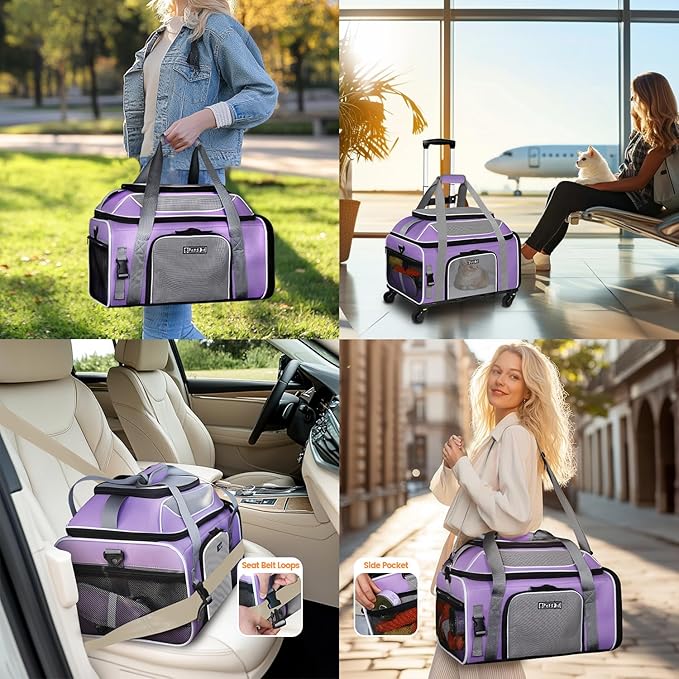 Petskd Top-Expandable Pet Carrier with Wheels 19x13x9 Inches Southwest Allegiant Airlines Approved, Soft-Sided Carrier for Small Dog Under 12 lbs and Large Cat Under 15 lbs(Purple)