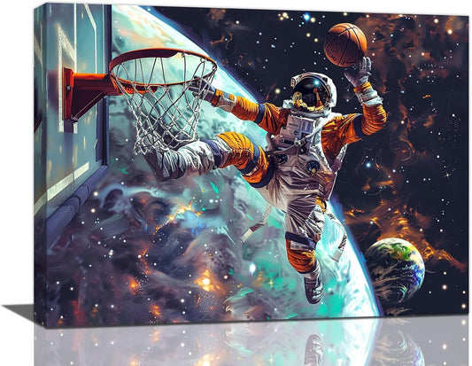 Quorin Astronaut Wall Art Funny Spaceman Basketball Pictures Space Galaxy Planet Wall Decor Canvas Print Painting Artwork for Bathroom Living Room Bedroom 12"x16"