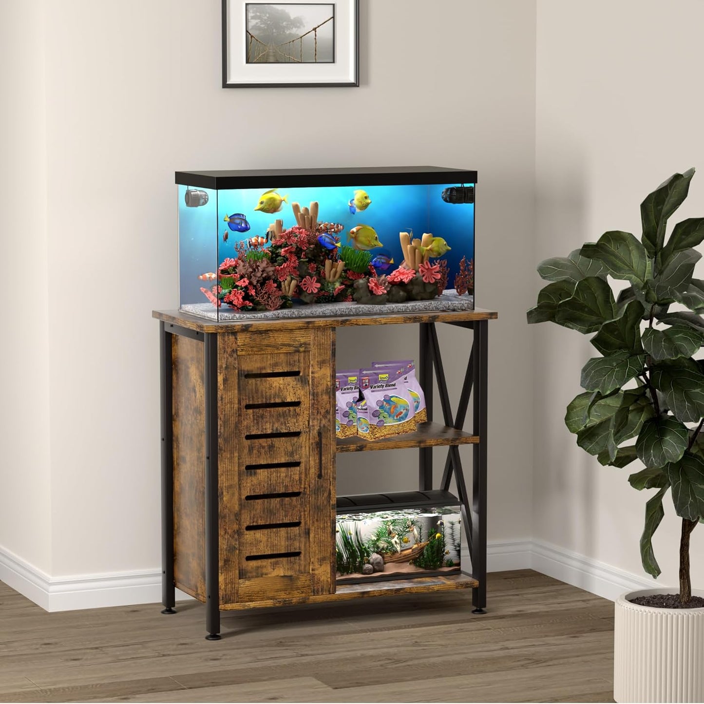 20-29 Gallon Fish Tank Stand, Aquarium Stand with Cabinet Accessories Storage, Heavy Duty Metal Frame, 31.49" L*15.74" W Tabletop, 330LBS Capacity, Rustic Brown PG07YGN