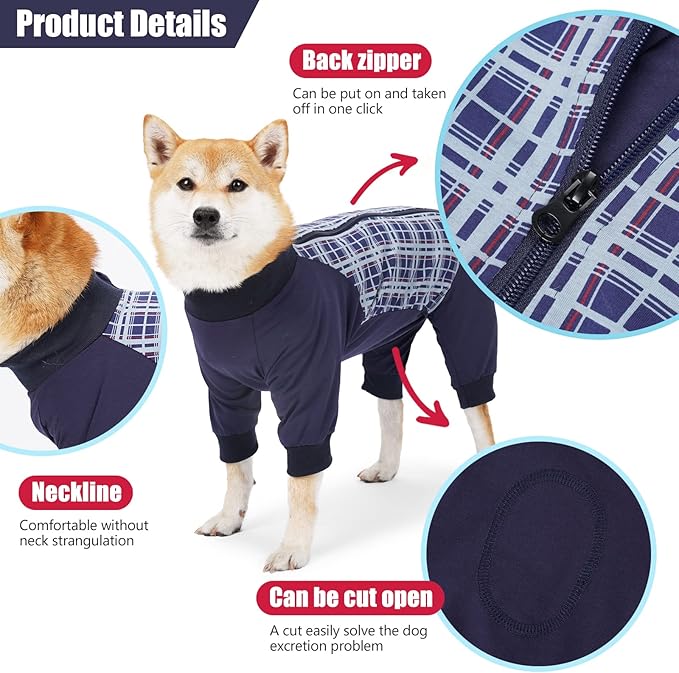 Dog Recovery Suit, Abdominal Wound After Surgery Wear, Anti Licking Bodysuit with Zipper, E-Collar & Cone Alternatives, Plaid Dog Spay Surgical Shirt Prevent Shedding(XL, Blue)