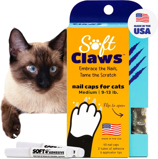 Soft Claws Cat Nail Caps for Medium Cats – (40 Caps, Blue & Gold) - Made in USA - Veterinarian-Developed | Protects Furniture & Skin - Easy to Apply, Long-Lasting Anti-Scratch Soft Cat Claw Covers