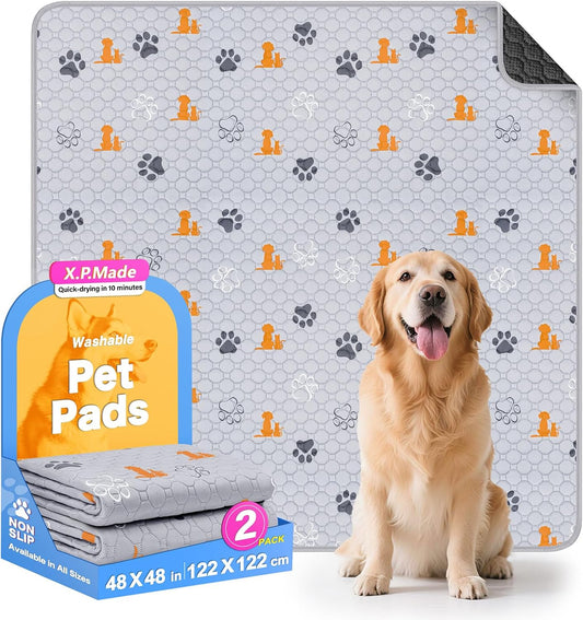 Washable Pee Pads for Dogs, 2 Pack Reusable Puppy Pads, Waterproof Pet Pee Pads for Dog Potty Training, Extra Large Dog Pee Pads for Crate, Playpen, and Whelping, Orange 48"x48"