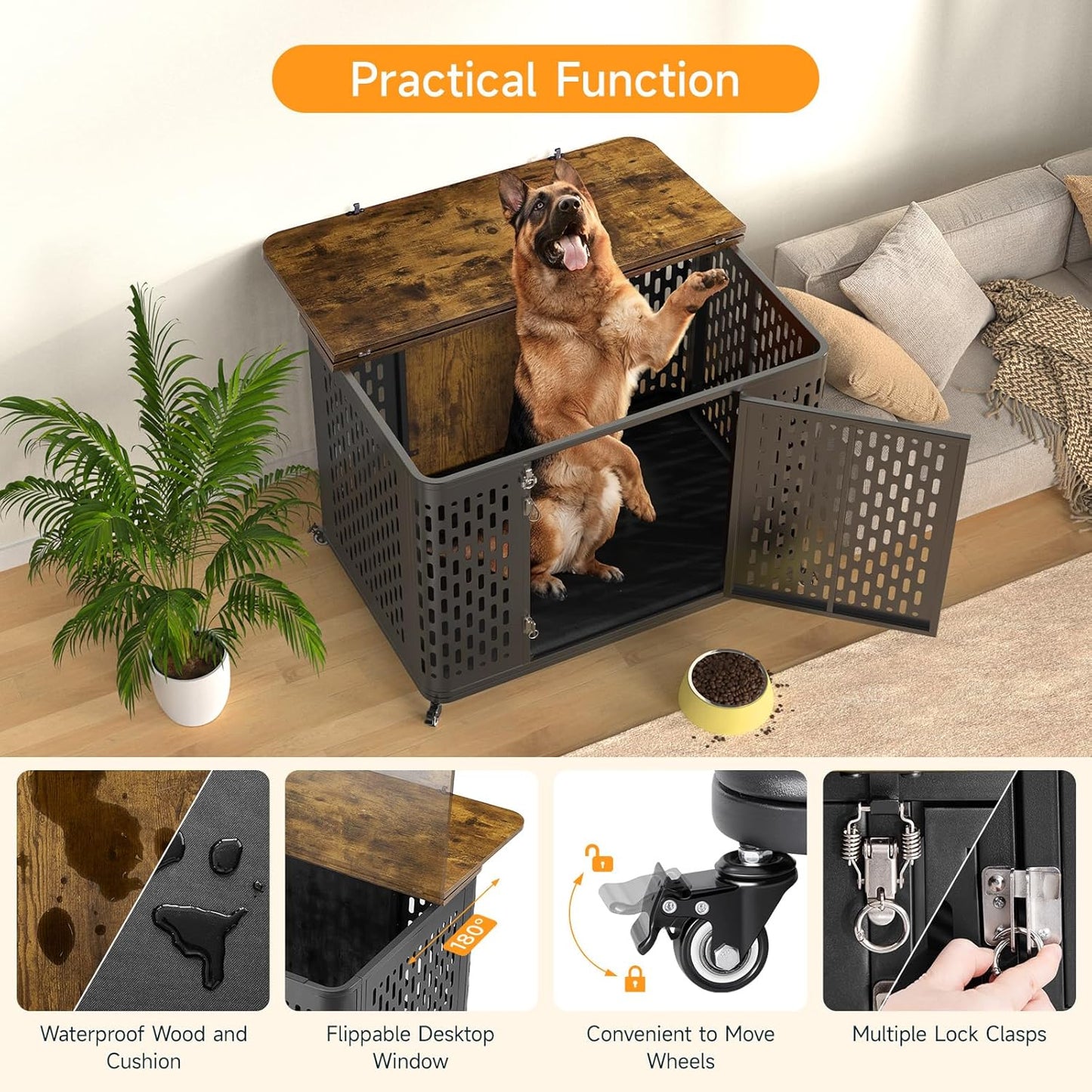 ONBRILL Heavy Duty Dog Crate Furniture for Large and Medium Dogs, 43.7 Inch Large Dog Crate Kennel with Flip Top & Cushion & Wheels, Escape Proof Pet Cage,Wooden Cage Kennel Furniture Indoor