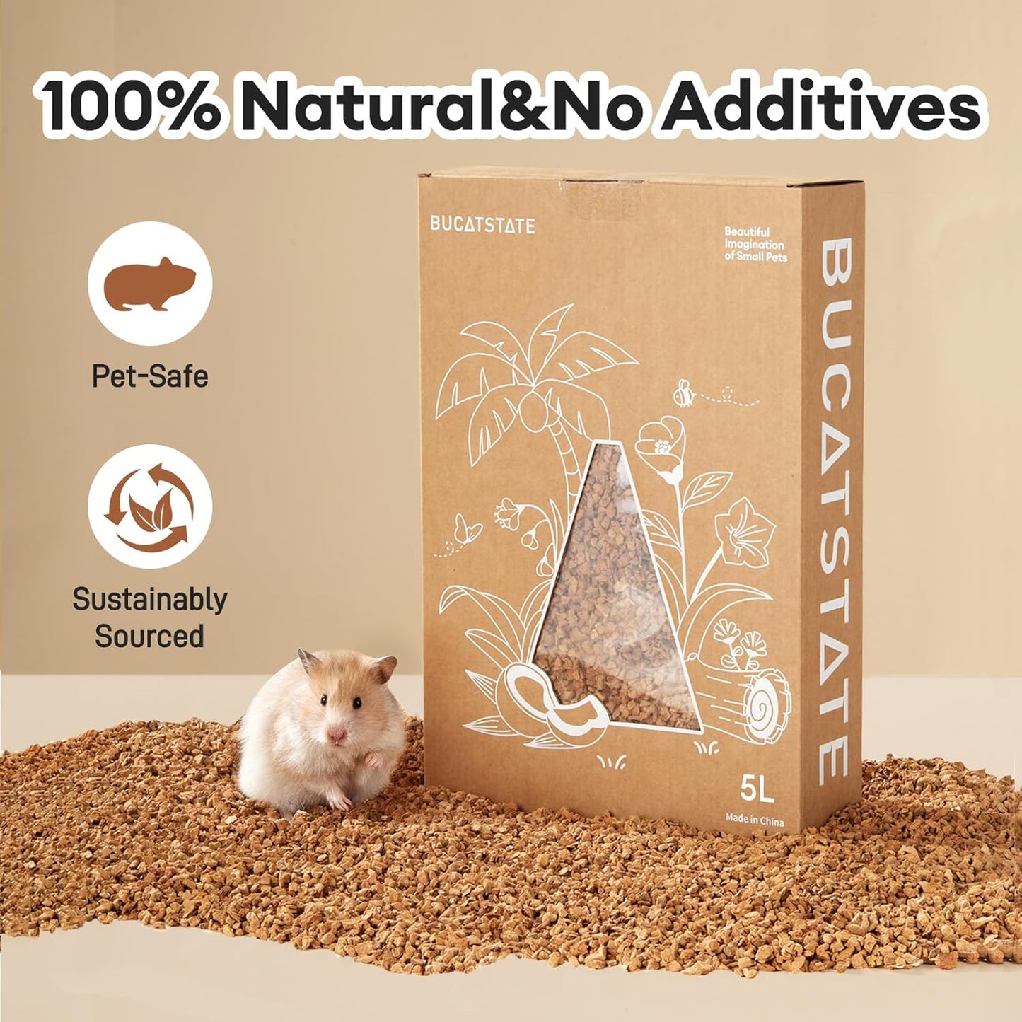 BUCATSTATE Cork Bedding 5L, Natural Hamster Bedding Odor Control for Dwarf Syrian Hamsters, Gerbils, Mice, Low-dust Hamster Substrate with Paper Hideout Box (Grain 2-4mm)