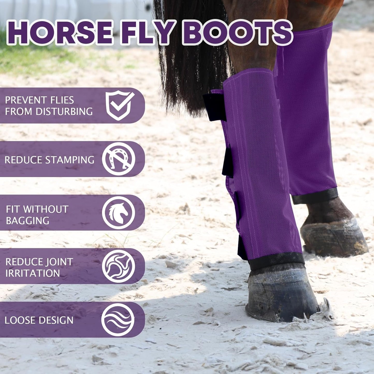Premium 4-Pack Horse Fly Boots & Leggings Loose-Fit Fine Mesh with Stay-On Fasteners, Support Strips & Anti-Stomp Design Breathable Non-Slip Protection Leg Wrap (Large) Lavender Purple
