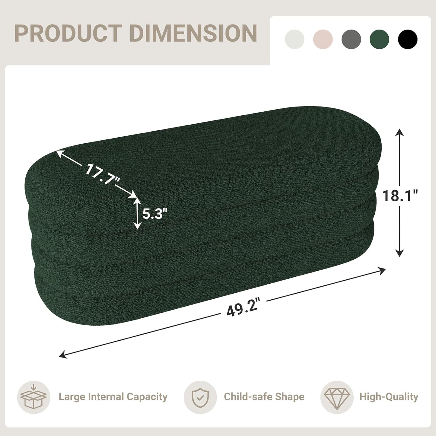 Storage Ottoman Bench 49.2 Inch Upholstered Fabric Storage Bench for Bedroom End of Bed Aesthetic Large Oval Ottoman for Living Room(Dark Green)