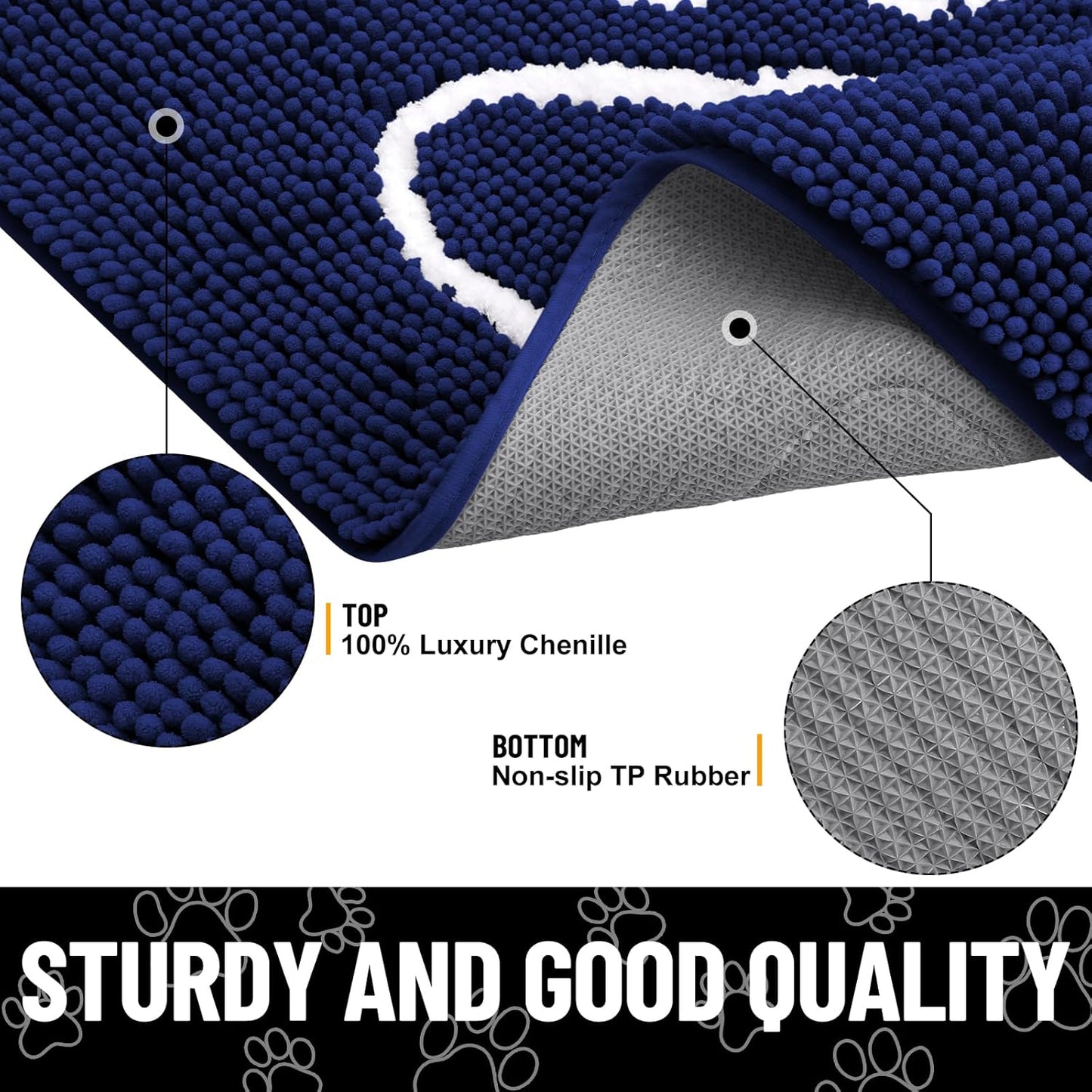 Smiry Dog Door Mat for Muddy Paws, Absorbent Dirt Trapper Non Slip Quick Dry Washable Chenille Mat for Mud Dogs, Entry Rug for Indoor and Outdoor (48x30 Inches, Navy Blue)