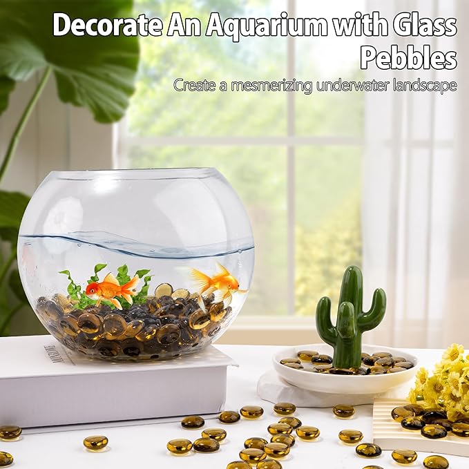 Amber Glass Marbles, 0.97LB Transparent and Smooth Mancala Stones, Yellow Flat Glass Beads for Vases, Mosaic Gem Pebbles for Aquarium Decor, Floral Arrangements Vase Filler and Crafts,Approx.80-100PCS