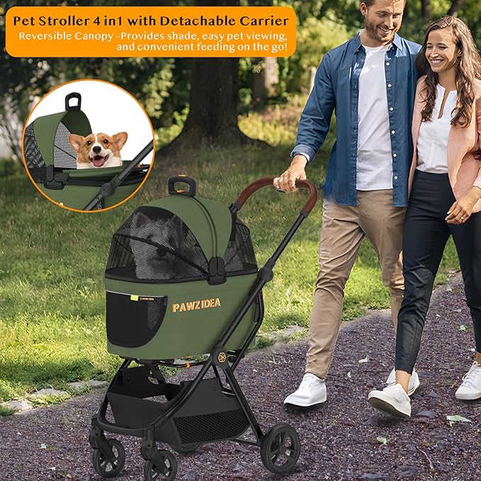 PAWZIDEA Cat Stroller 4 in 1, Pet Stroller for Small/Medium Dogs with Detachable Carrier Easy Lock NO-Zip Canopy, Seatbelt Dog Car Seat, Cozy House, Foldable Dog Jogger Strollers, Large Storage Basket