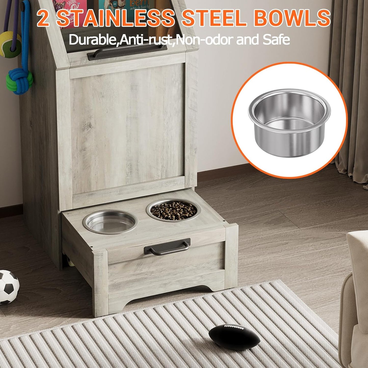 Dog Feeding Station with Storage Cabinet, 2 Elevated Bowls, FILP Top Food Storage Cabinet Container, Pet Feeding with 3 Hooks, Farmhouse Dog Feeder Station, Grey
