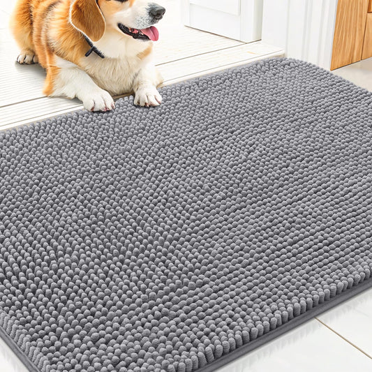 Smiry Dog Door Mat for Muddy Paws 30x20, Absorbs Moisture and Dirt Doormat, Non-Slip Washable Quick Dry Chenille Front Door Mat Indoor Entrance, Entryway Carpet for Inside Floor, Grey