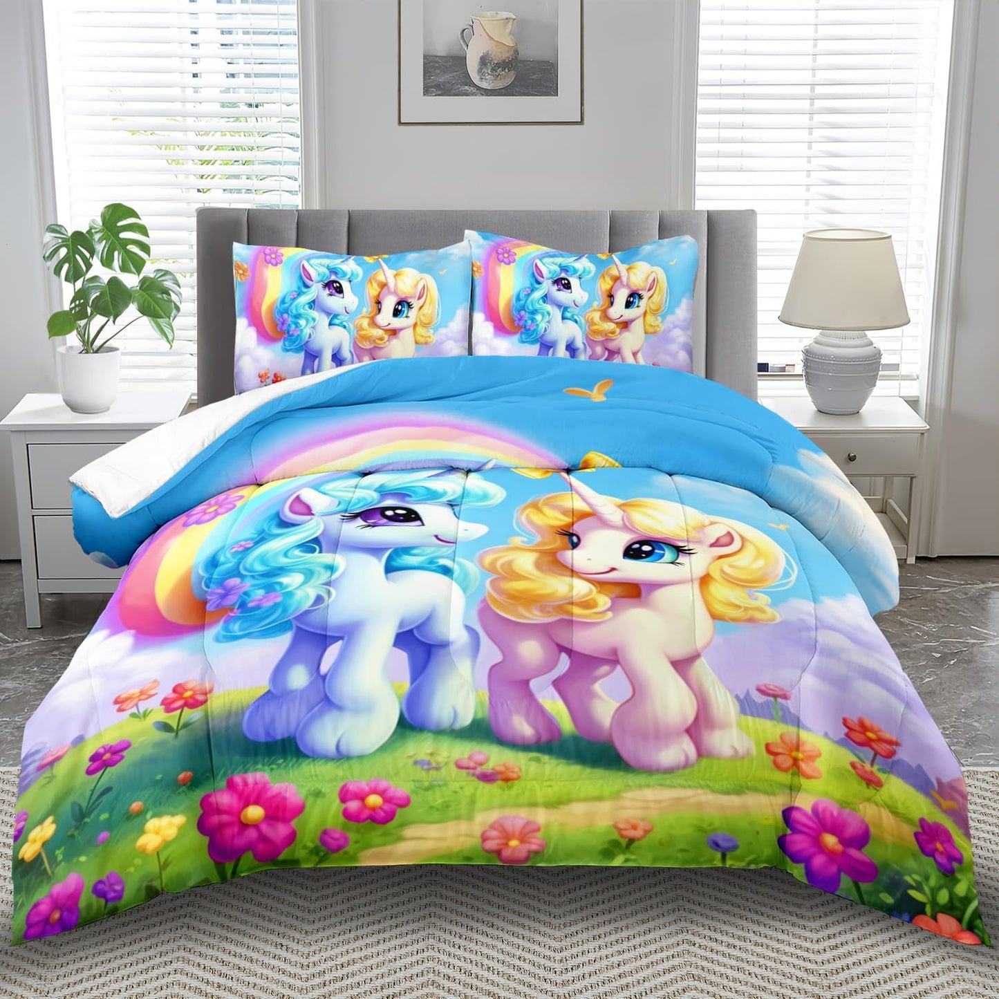 Unicorn Comforter Set Twin,Kawaii Unicorn Bedding Set Twin Kids,Rainbow Comforter Blue Bedroom Decor,Cute Animal Bedding Rainbow Bed Decor for Girls,Cartoon Blue Floral Quilt