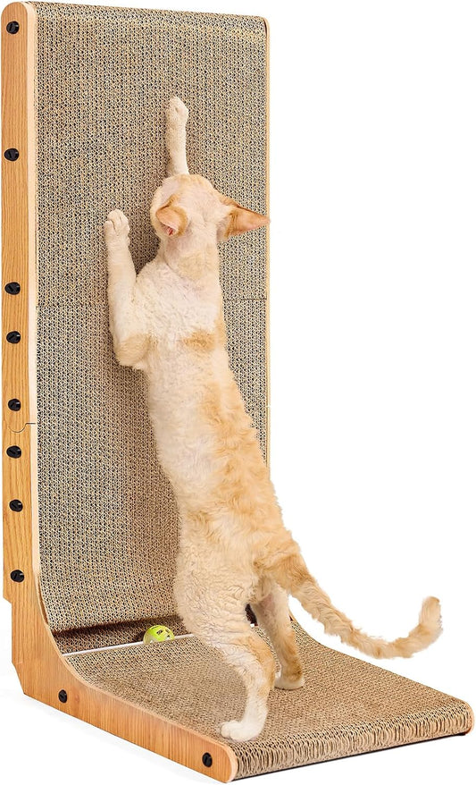EHEYCIGA Cardboard Cat Scratcher for Indoor Cats, 32 Inch L Shaped Vertical Cat Scratching Board with Ball Cat Toy, Extra Large Cat Scratcher Pad, Brown