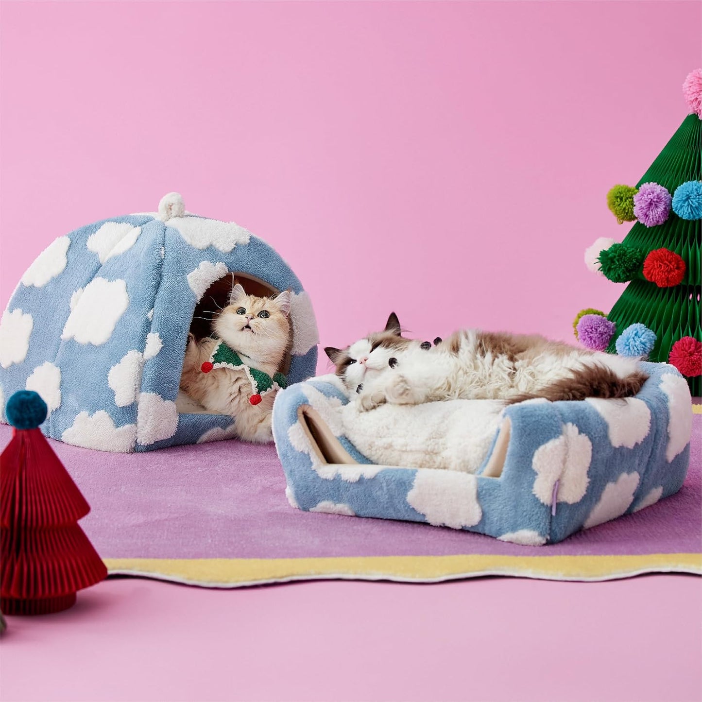 Lesure Cute Cat Beds for Indoor Cats - 2 in 1 Large Cat Cave Bed for Puppy and Small Dog with Removable Washable Cushioned Pillow, Cozy Kitten Tent with Non-Slip Bottom, Blue, 17.3 inches