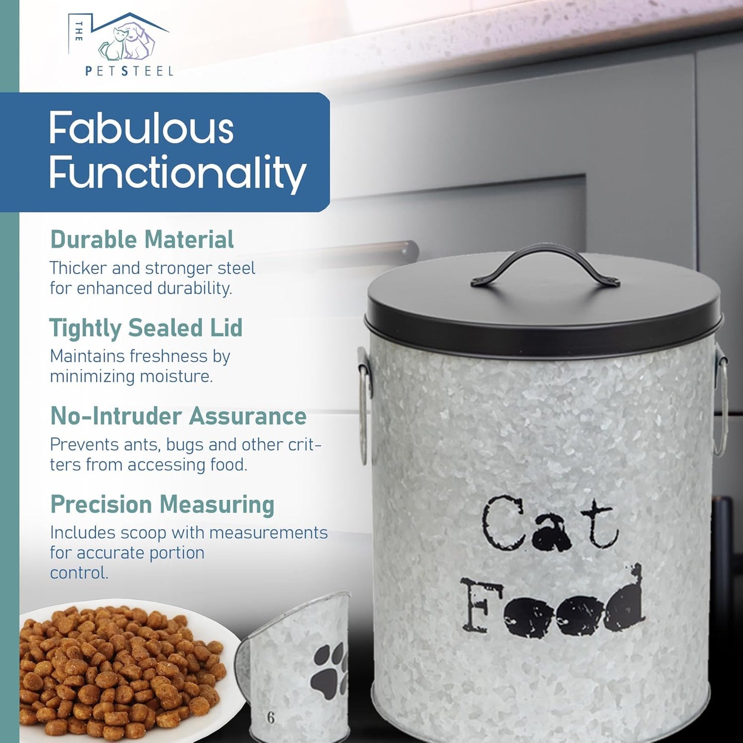 Medium 40lb Dog & 30lb Cat Pet Food Storage Canister with Scoop Combination – Durable & Airtight for Freshnesss, Minimalist Design & Recyclable, Medium Metal Container