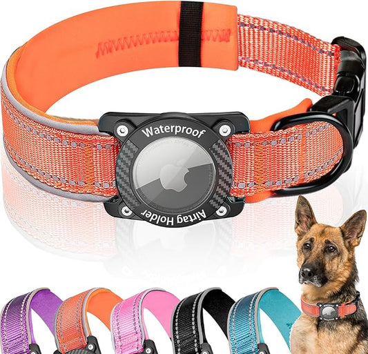 Upgraded AirTag Dog Collar, IP68 Waterproof Dog Collar with Apple Air Tag Holder, Reflective Adjustable Heavy Duty Dog Collars with Soft Padded for Small, Medium and Large Dogs,Orange, M