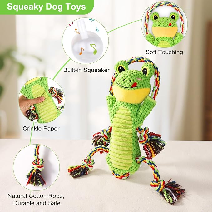 Interactive Chew Proof Dog Toys for Boredom & Anxiety - Plush with Squeaker & Crinkle Sound & Ropes for Small, Medium, Large Dogs