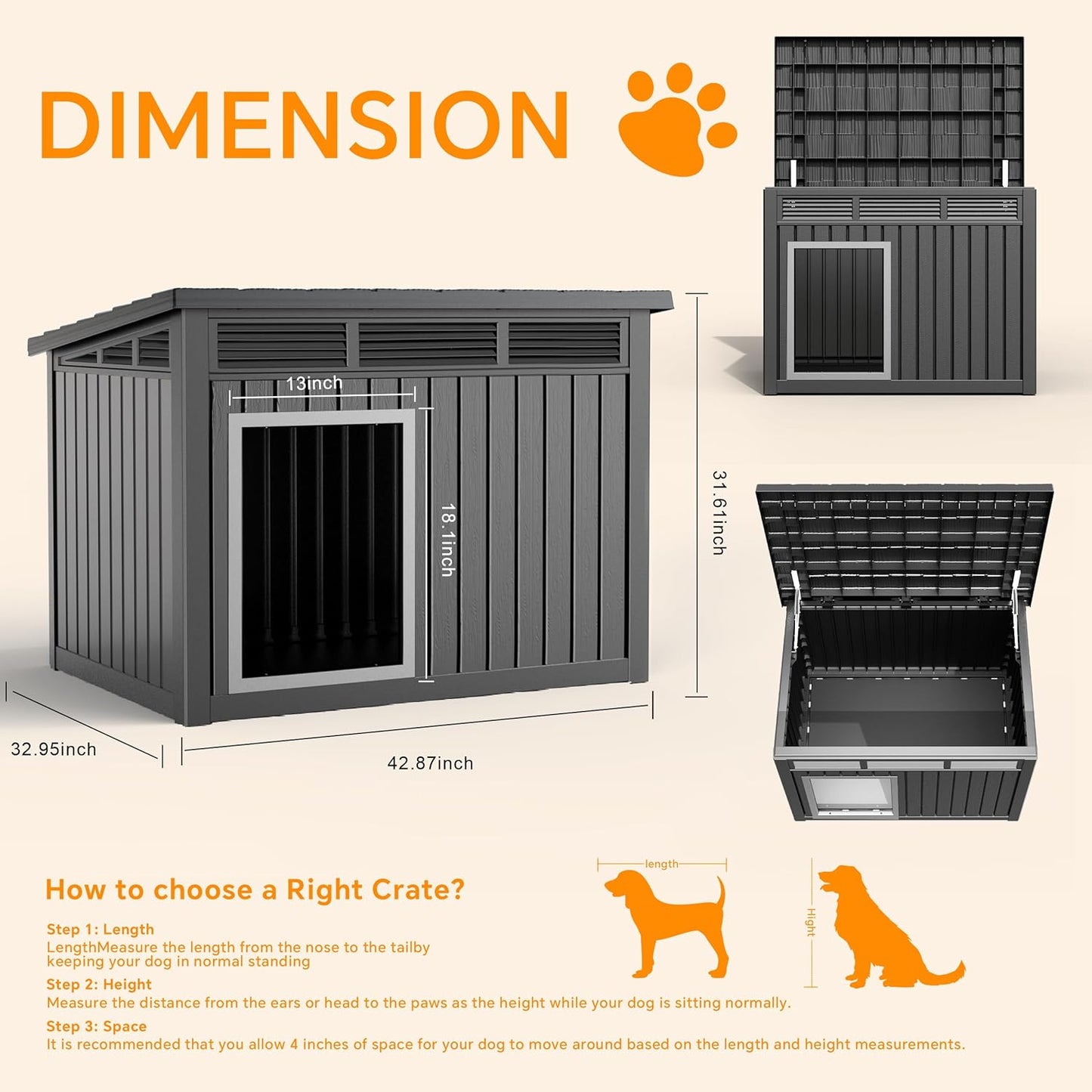 VIXZEN Dog House Indoor Outdoor,Waterproof Dog House for Small to Large Dogs,Doghouse with Air Vents and Elevated Floor,Openable at The Top,Easy to Assemble and Clean,Black,42.87"×32.95"×31.61"