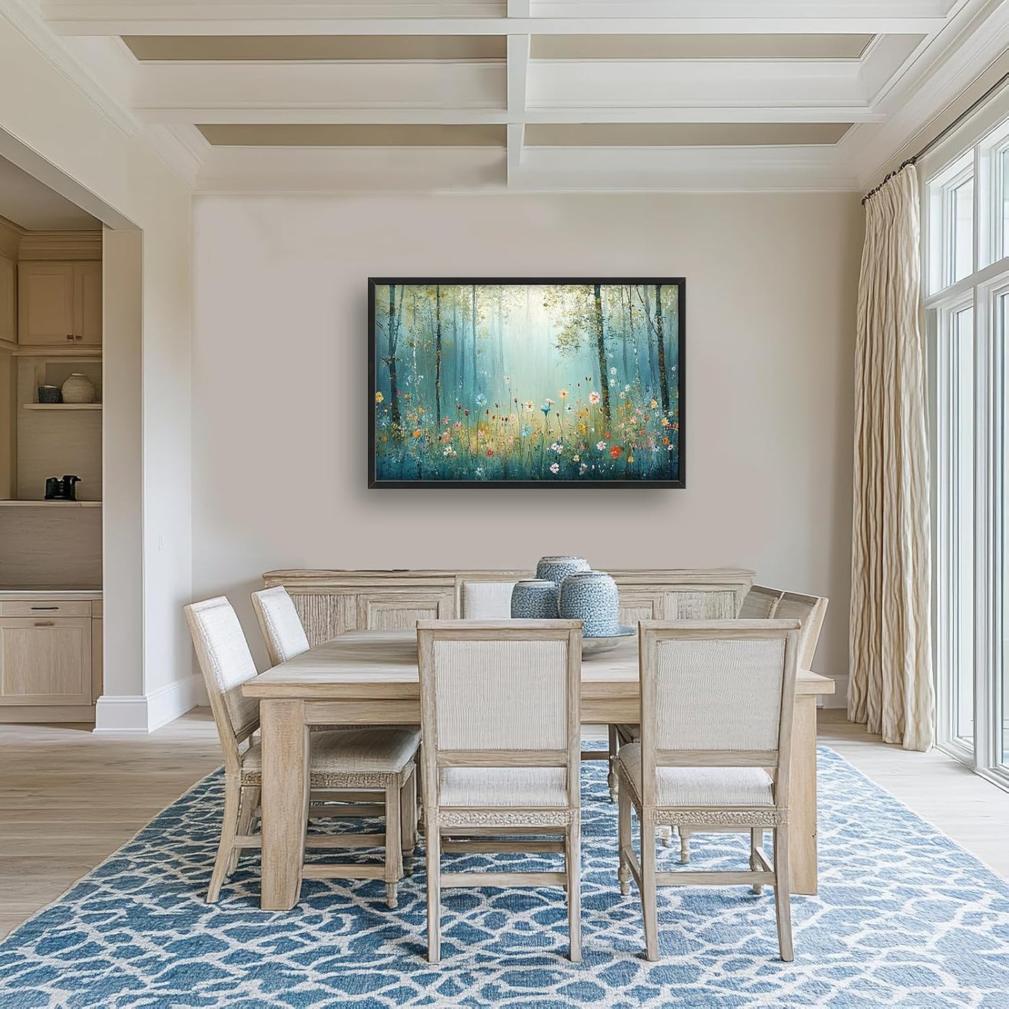 Large Forest Tree Wall Art for Living Room, Framed Oversized Wildflowers Wall Decor, Foggy Landscape Canvas Painting Modern Artwork Home Decoration for Dining Room Bedroom Office 36"x24"