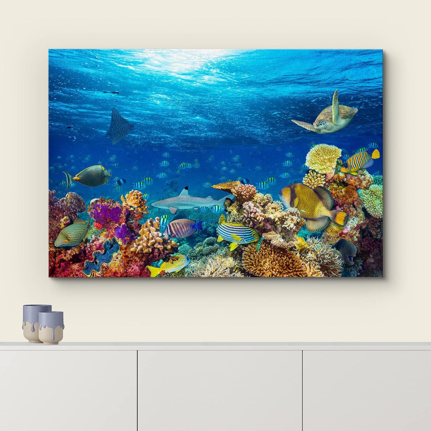 wall26 Canvas Print Wall Art Vibrant Sunshine Ray Coral Reef Turtle Fish Nature Animals Photography Realism Rustic Scenic Landscape Wilderness Colorful for Living Room, Bedroom, Office - 12"x18"