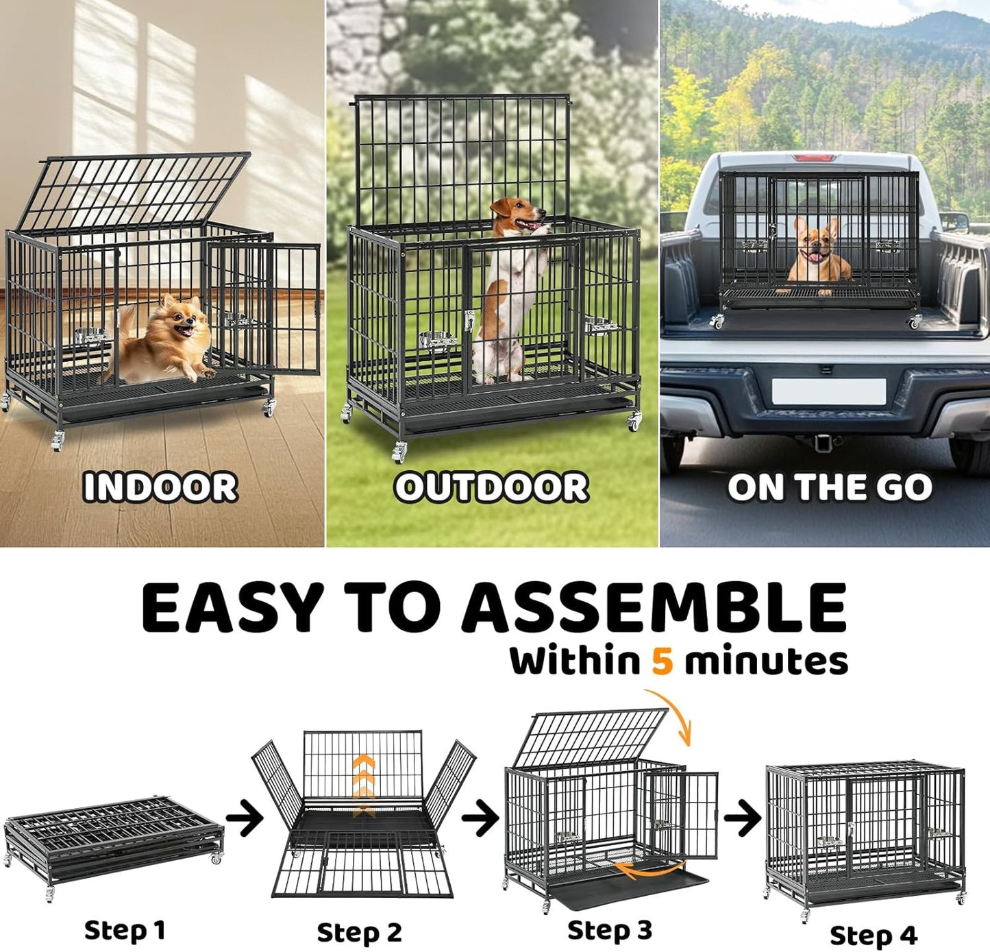 Homey Pet 37 Inch Heavy Duty Dog Crate Indestructible, Collapsible Dog Cage with Lockable Wheels, Removable Tray, High Anxiety Dog Kennel Indoor, Two Tiers Stackable Dog Crates for Medium Dogs