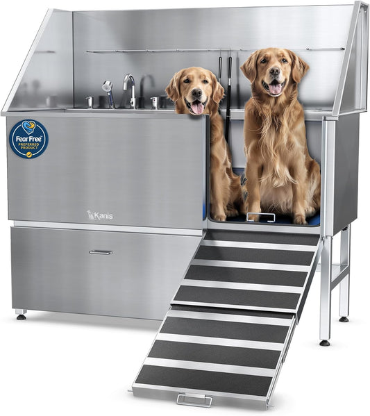 KANIS Professional Dog Washing Station - 304 Stainless Steel Pet Wash Sink & Grooming Bath Tub for Home with Ramp, Shower, Floor Grate, Storage Drawer, Faucet, Drain Kit for Large, Medium & Small Pets