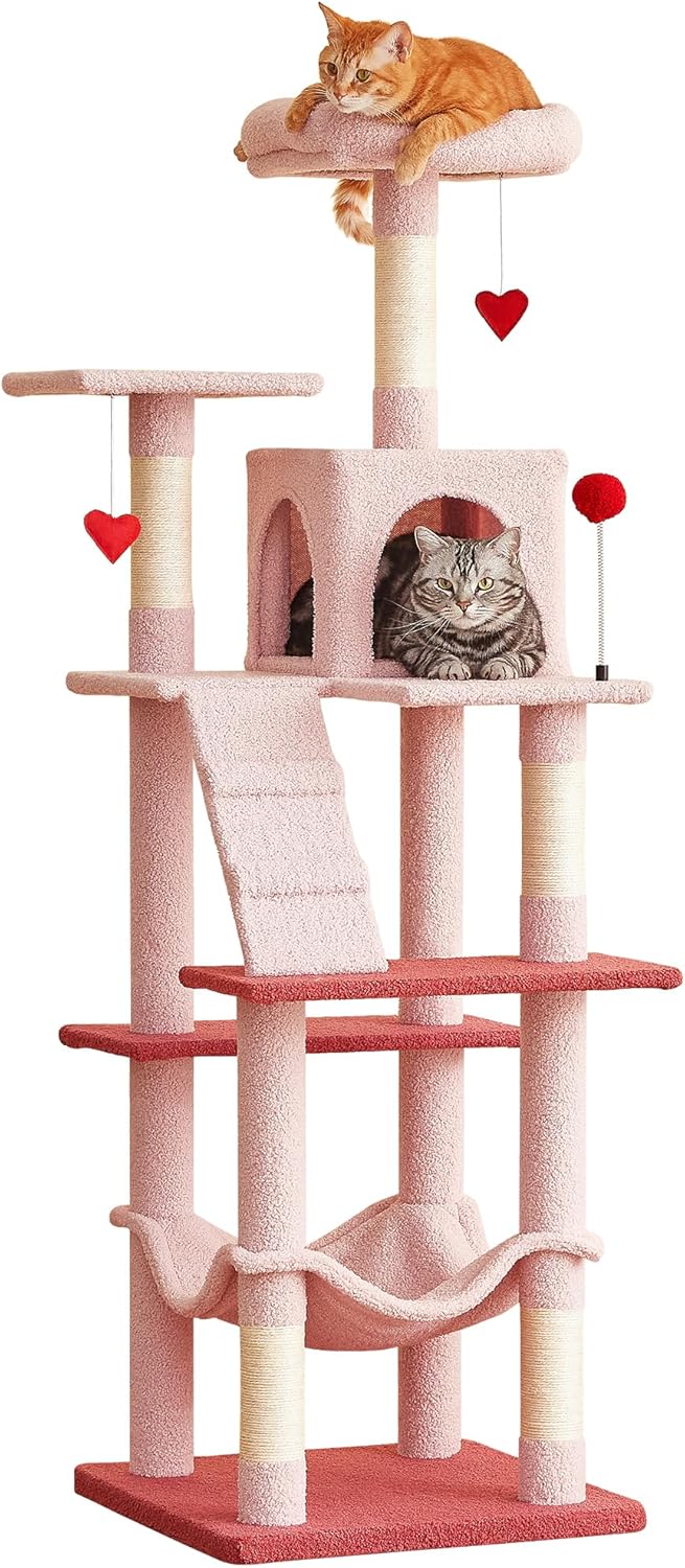 MWPO Cute Cat Tree, 63.8-Inch Pink Cat Tower for Indoor Cats, Multi-Level Cat Condo with 5 Scratching Posts, 2 Perches, Hammock, Dangling Toys