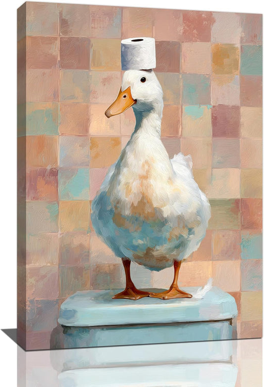 Funny Duck Bathroom Wall Art Cute Duck on Toilet Canvas Wall Decor Funny Quirky Farm Animal Pictures Painting Print Framed Artwork Decorations Gifts for Bathroom 16"x24"