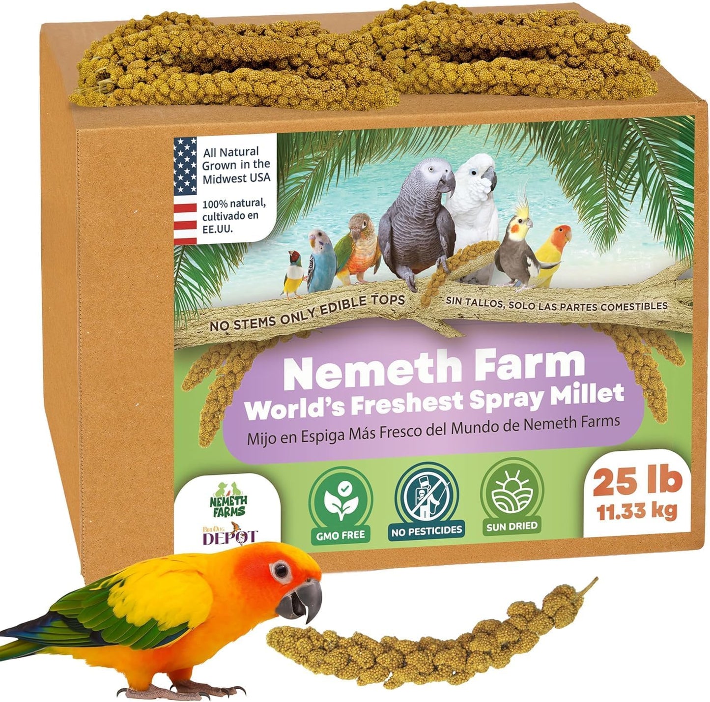 Nemeth Farms- GMO-Free Sun Dried Spray Millet | (No Stems Only Edible Tops) The Original Bird Treat and Supplement for All Pet Birds Parakeets, Cockatiels, Lovebirds and Finches 25lbs