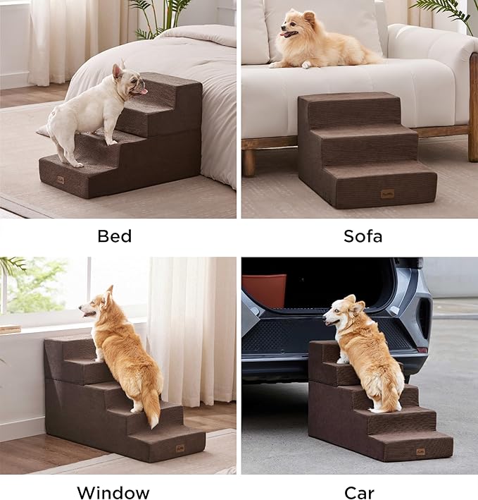 Made4Pets Dog Steps for Bed, Extra Wide Dog Stairs for High Bed Couch Sofa, 35D Foam Pet Steps for Small Dogs and Cats, Non-Slip Bottom Pet Stairs, Brown, 4 Steps