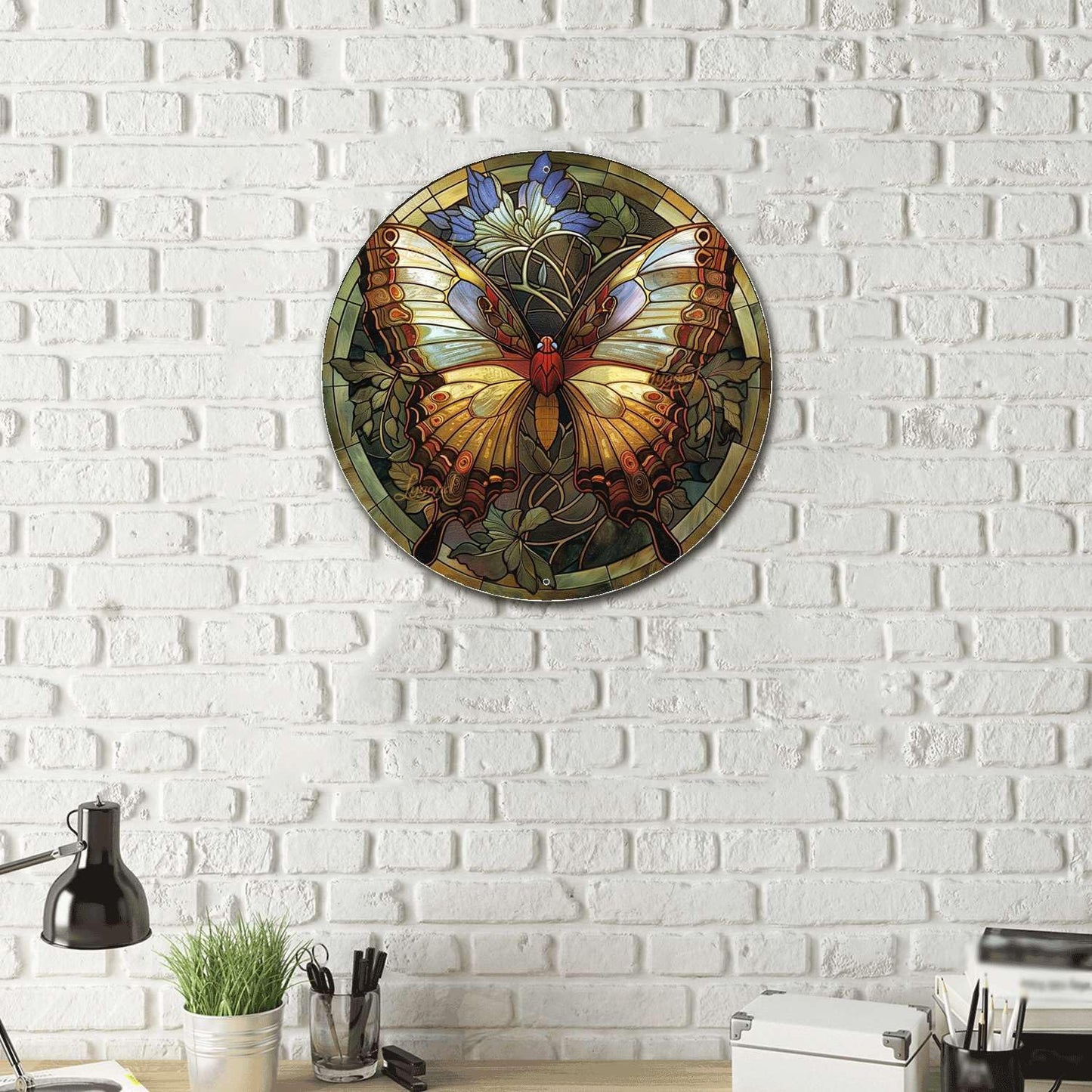 Lygond Metal Sign Tin Sign Circular Stained Glass Butterfly Funny Bathroom Wall Decor for Patio 8×8 Inches