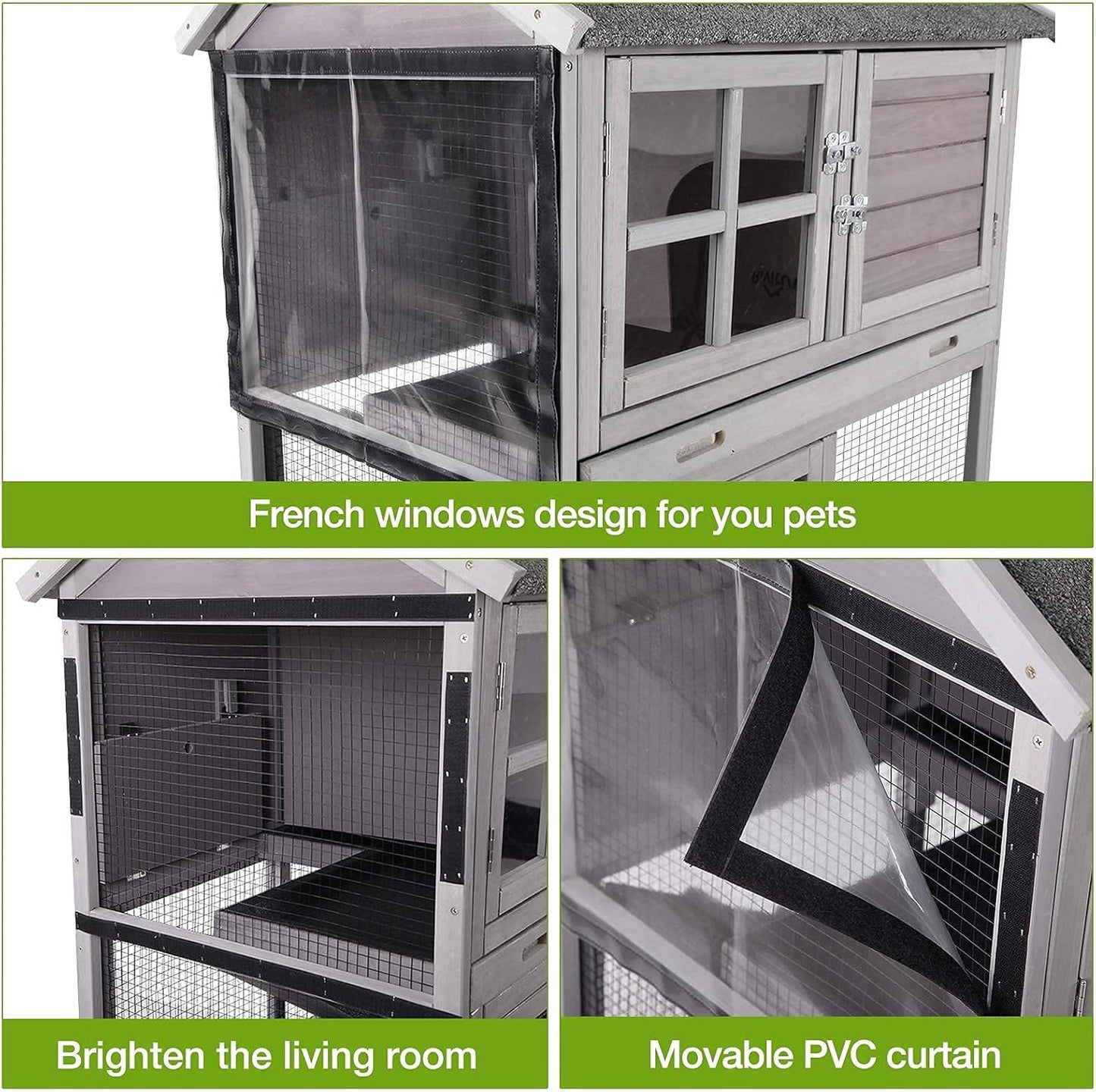 Rabbit Hutch Indoor Outdoor Bunny Cage Rabbit House with Movable Wire Netting, Guinea Pig Habitat On Wheels,Pull Out Leak Proof Tray L38.6 x D25.6 x H44.2