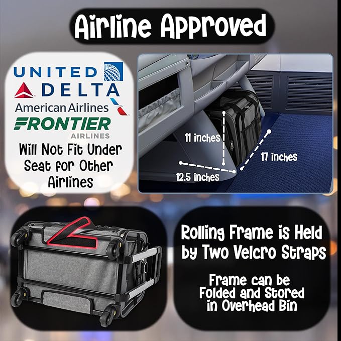 Pet Carrier with Wheels | United Delta American Frontier Airline Approved | Two Expandable Sides, Storage Pockets Adjustable Leash | Rolling Dog and Cat Carrier TSA Compliant (Grey)