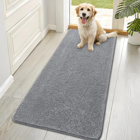 OLANLY Dog Door Mat for Muddy Paws 70x35, Absorbs Moisture and Dirt, Absorbent Non-Slip Washable Doormat, Quick Dry Chenille Mud Mat for Dogs, Entry Indoor Entryway Carpet for Inside Floor, Grey