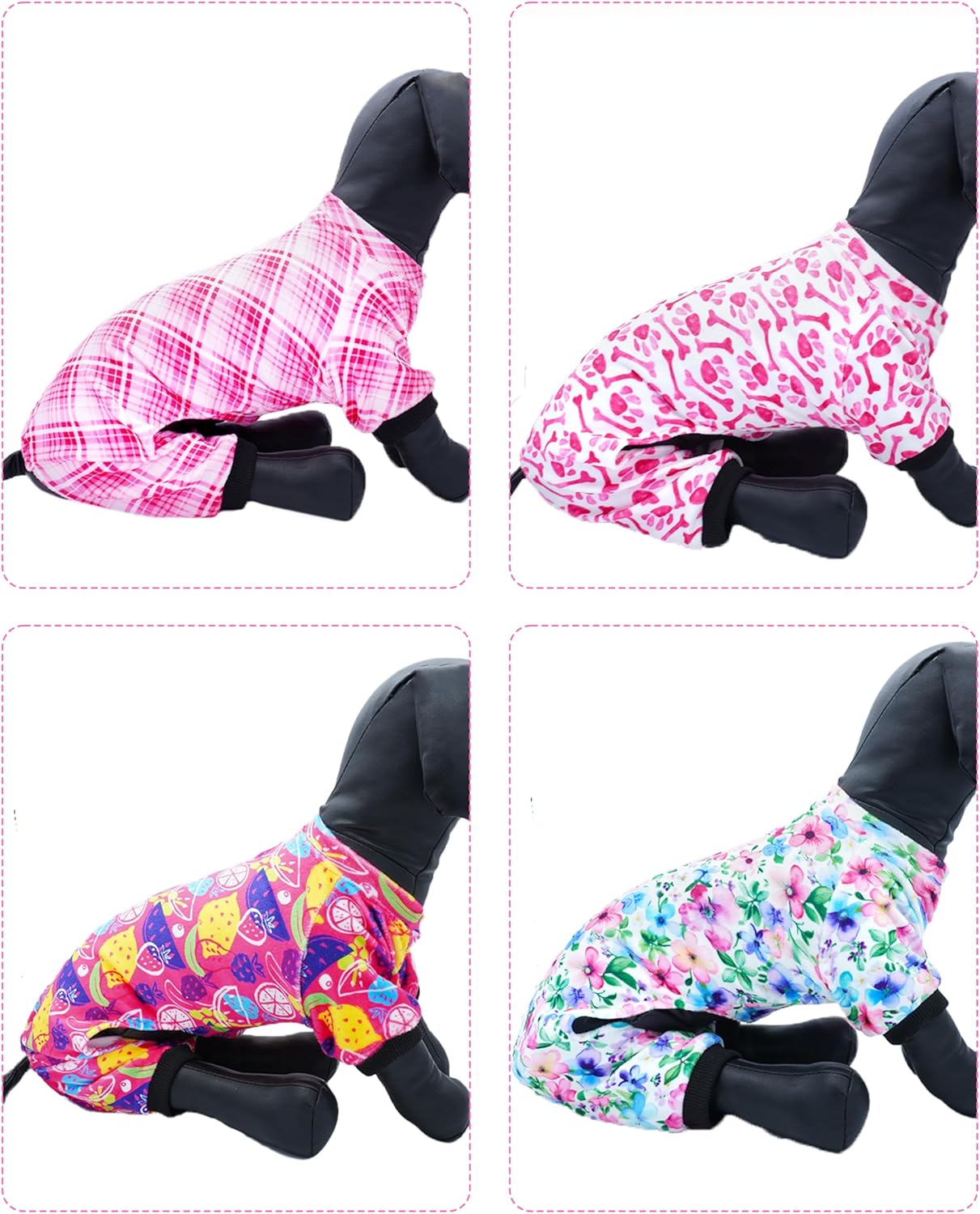 PET SHOW 4 Pack Small Dog Pajamas Cute Paw Bone Clothes for Medium Dogs Soft Stretchy PJs Plaid Jumpsuit Puppy Floral Fruits Onesies Outfits with Sleeve Pets Dachshund Costume(XL, Pink for Girls)