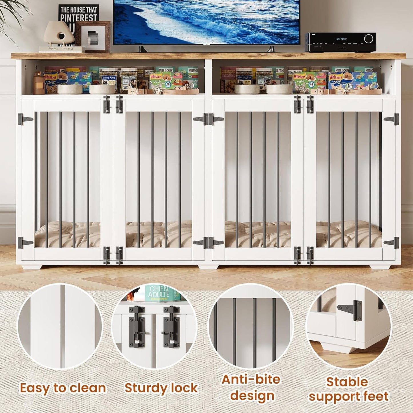 63'' Dog Crate Furniture for 2 Dogs, Wooden Dog Cage with Storage Compartment, Indoor Dog Kennel with 4 Doors for Large/Medium Dogs, White