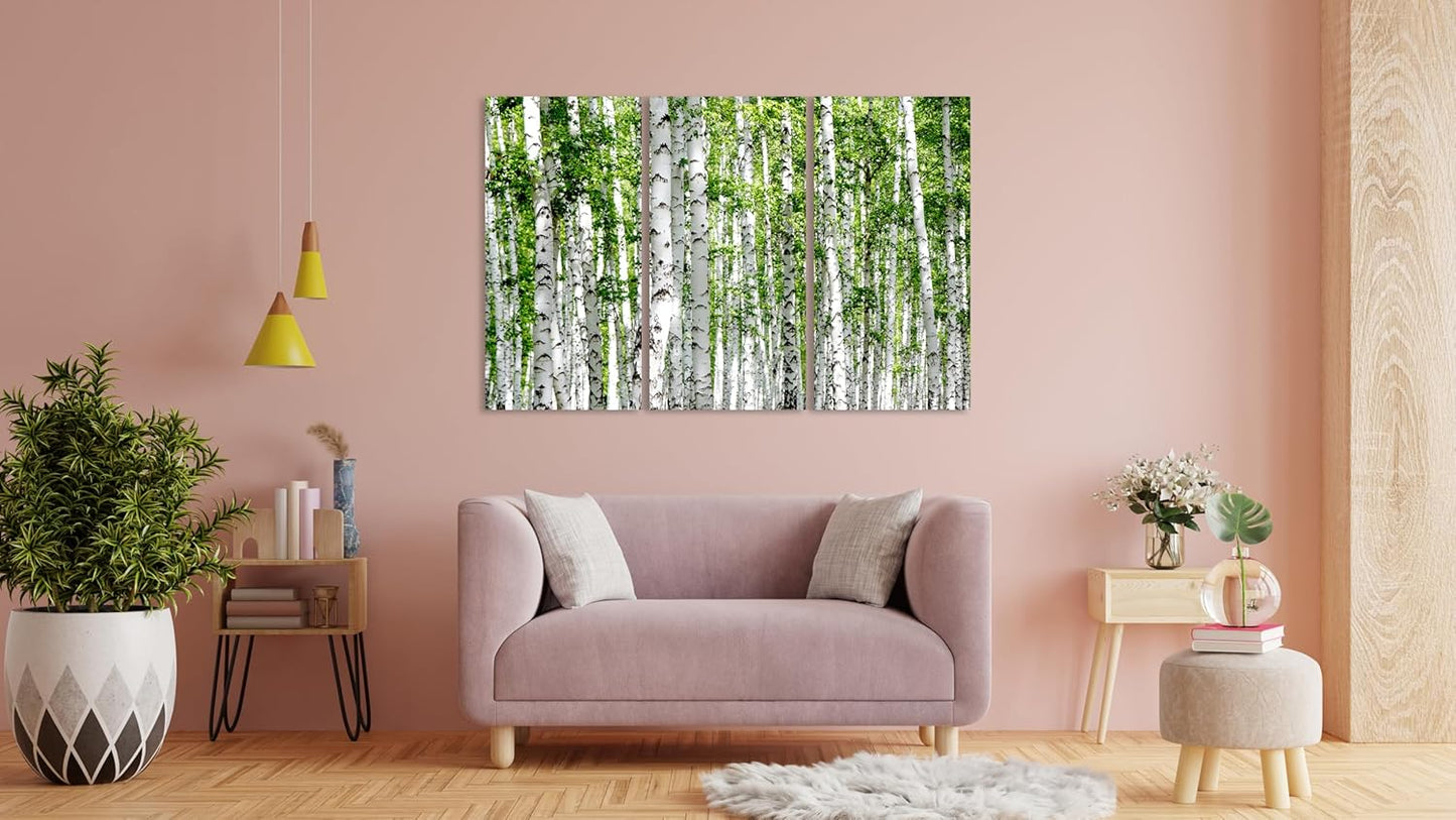 Nature Wall Art Prints - Ocean Forest Mountain Lake Canvas Landscapes - Small to Extra Large Living Room Bedroom Kitchen Bathroom Décor (Green Brich Trees, 47L" x 71W" - 3 panels)